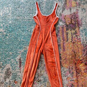 Orange Velour Bodycon Jumpsuit – Retro Athletic Stripe Fitted One Piece Loungewe